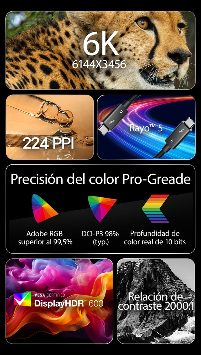 6 imágenes diferentes con texto que implica las características clave de UltraFine