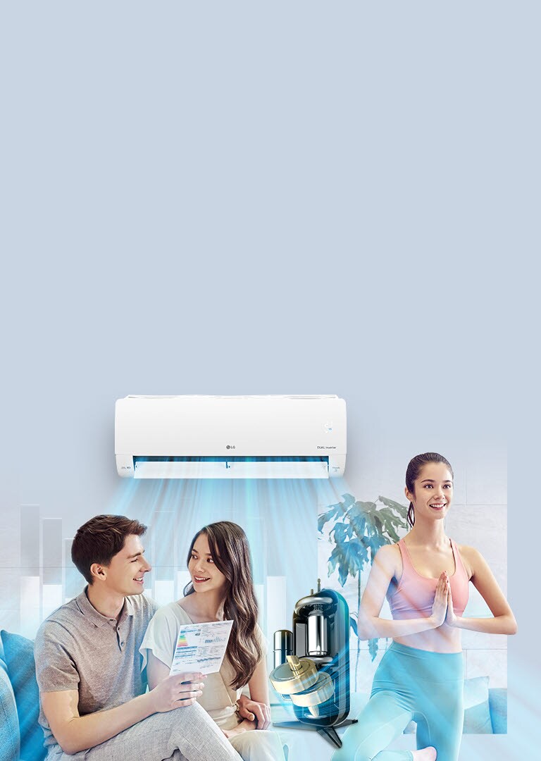 En la parte superior de la imagen aparece un aire acondicionado LG con líneas azules que salen imitando el aire frío. Justo delante del acondicionador de aire hay una imagen del Dual Inverter Compressor de LG. Una mujer se ubica en la corriente de aire fresco haciendo yoga y sonriendo. En primer plano hay un hombre y una mujer que se sonríen mutuamente, mientras sostienen la tabla de consumo de energía de LG.