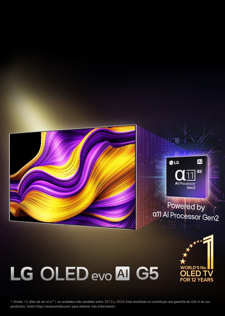 En la pantalla de una TV LG OLED evo AI aparece una imagen abstracta con detalles, colores y un contraste impactantes. Detrás de la TV, se muestra una versión ampliada del procesador alpha 11 AI Gen2. Brilla con una luz que ilumina los circuitos de microchips a su alrededor. El título dice LG OLED evo AI. También puede verse el texto: Con la tecnología del procesador LG alpha 11 AI Gen2. En la esquina aparece un logotipo dorado con estrellas que dice: La OLED TV número uno del mundo durante 12 años.