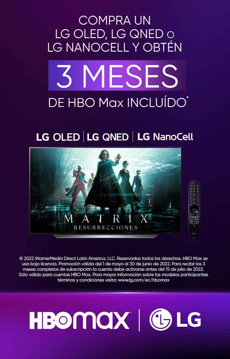 Imagen de Fondo morado con TV LG en el que sale un imagen de la película Matrix Resurrection - Compra un LG OLED, LG QNED o LG NanoCell y obtén 3 meses gratis de HBO Max