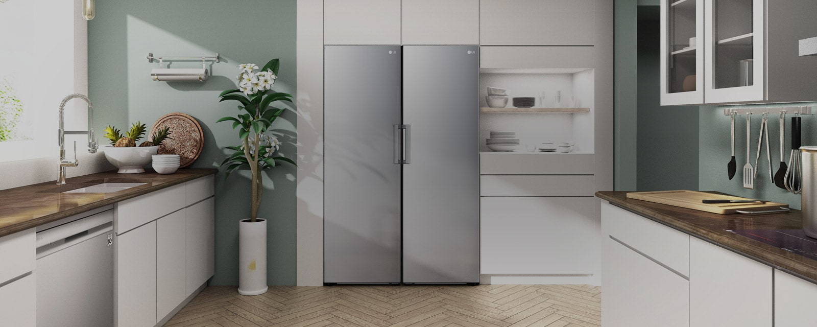 Se muestran la vista frontal del refrigerador y del congelador adaptándose a la perfección en una cocina moderna.
