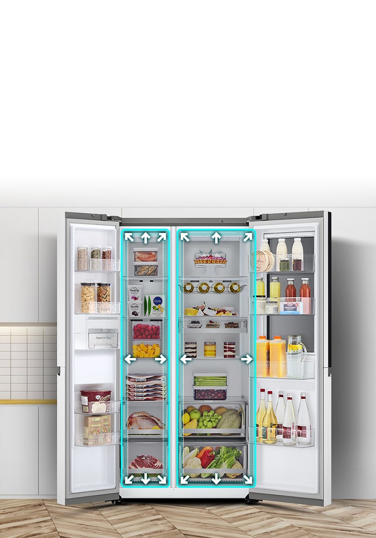 Video de refrigerador con puertas abiertas, espacio ampliado con neón y flechas, cambio resaltado con líneas punteadas.