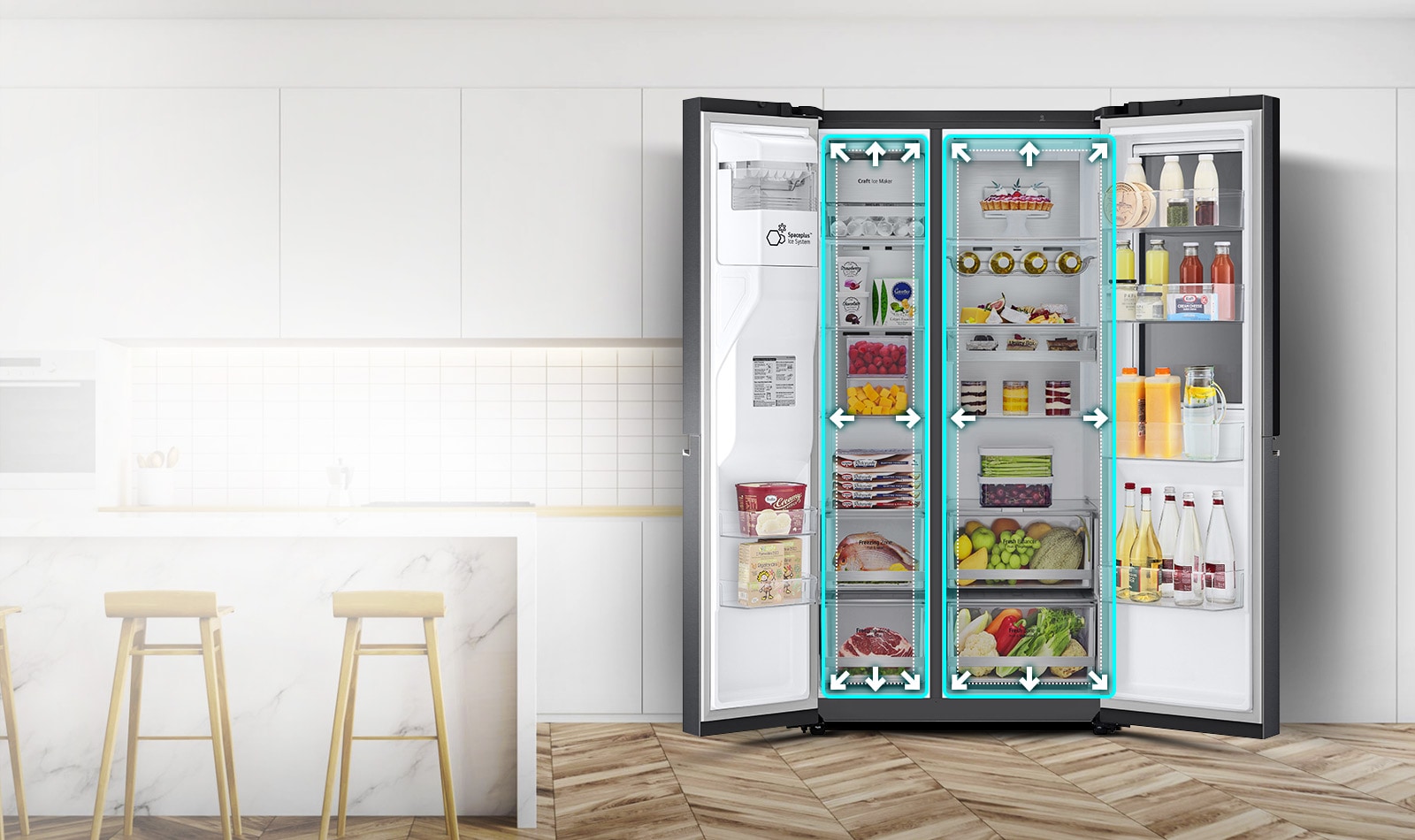 Un vídeo comienza con la vista frontal del frigorífico con las dos puertas abiertas de par en par. Los espacios interiores se perfilan con líneas de neón y las flechas comienzan a empujar las líneas hacia fuera para mostrar que ahora hay más espacio en el interior. El cuadrado de neón que rodea los espacios interiores parpadea para mostrar la diferencia entre el nuevo espacio y el antiguo, más pequeño, que ahora está delineado con una línea blanca punteada.