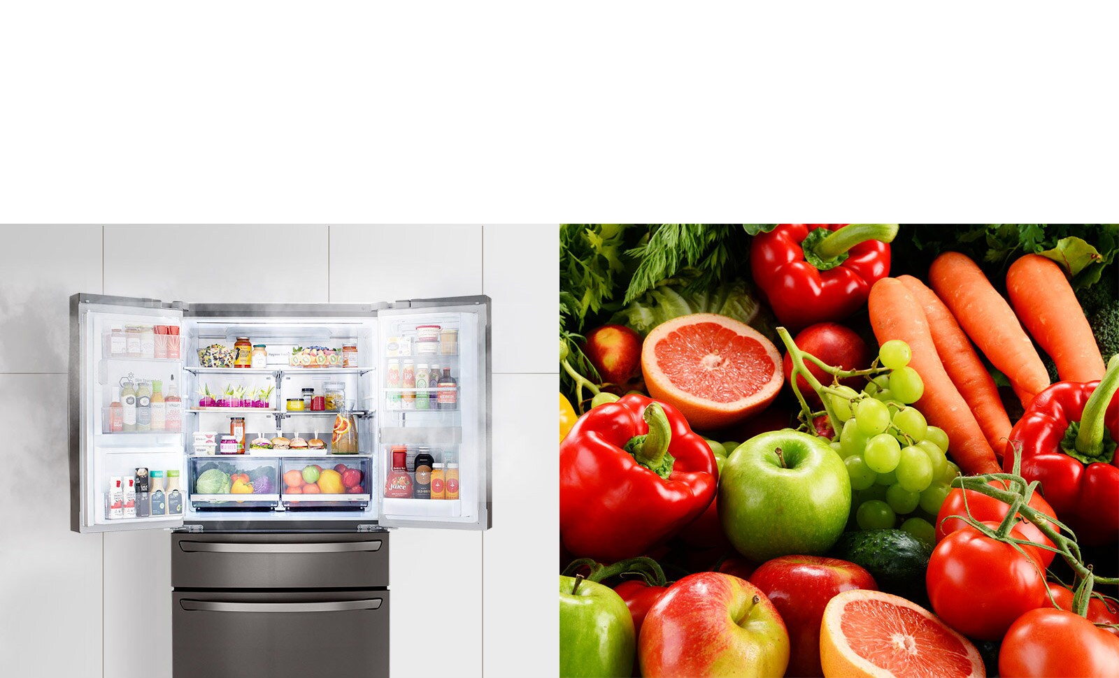 Primera imagen: refrigerador Door-in-Door con verduras y neblina fresca. Segunda imagen: frutas y verduras coloridas.