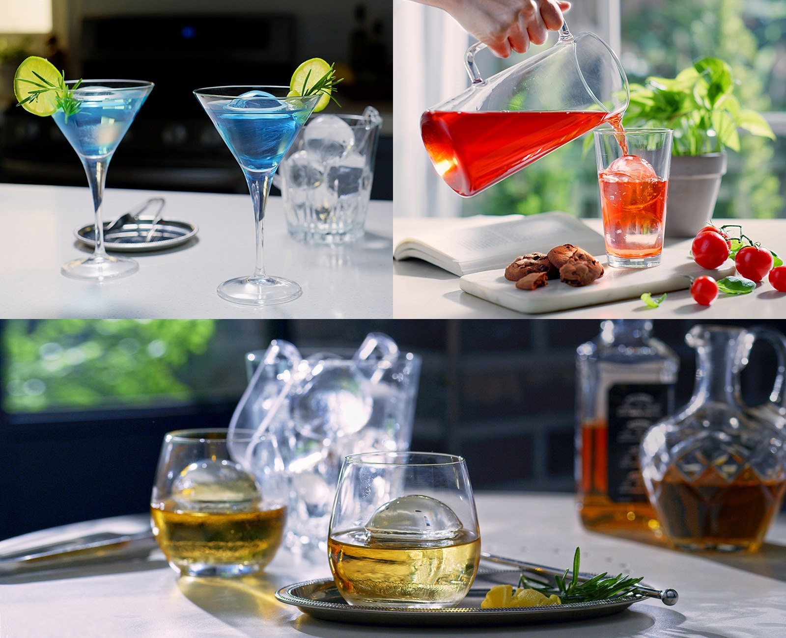 Tres fotos muestran bebidas con esferas de hielo Craft Ice™ de LG en vasos de cóctel, collins y brandy.