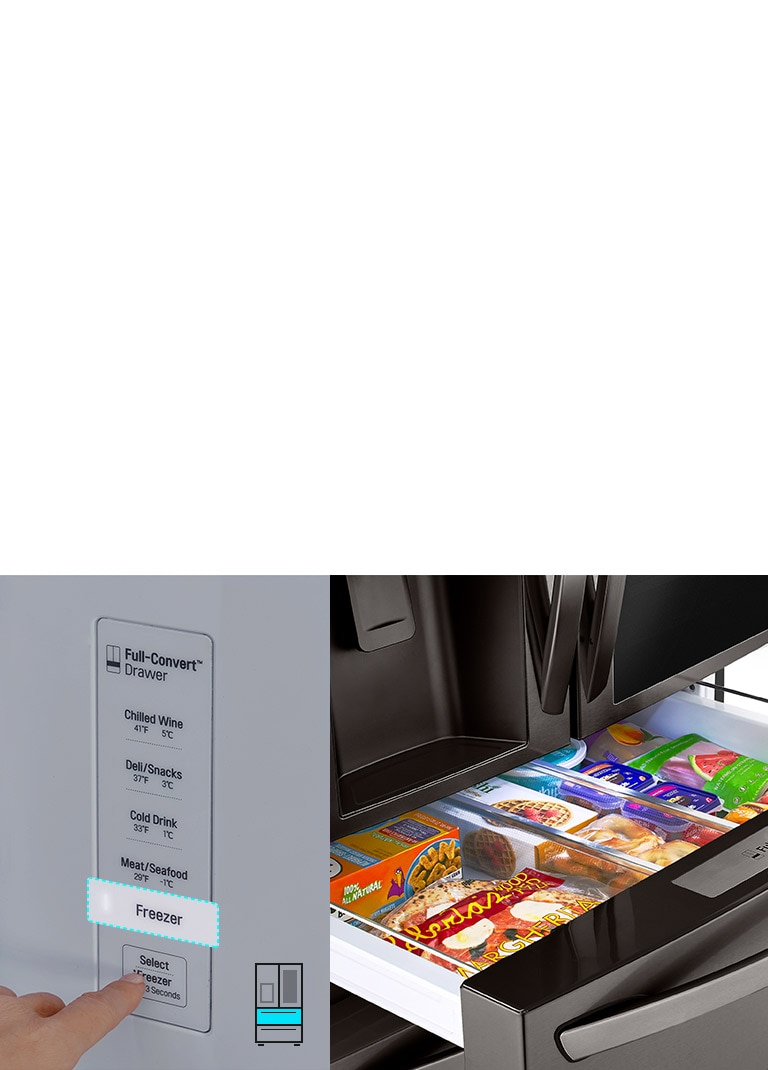 Primera foto: dedo ajusta el botón del cajón Full-Convert. Segunda foto: cajón lleno de comida congelada.