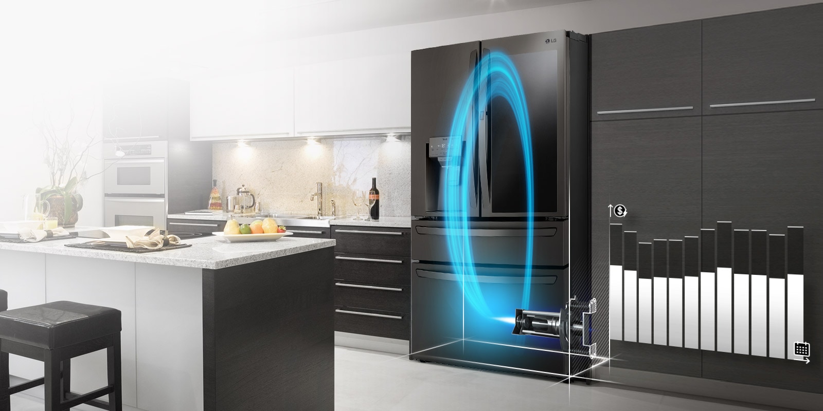 Refrigeradora LG Instaview Door-in-Door muestra el Compresor Linear Inverter en azul y una gráfica de ahorro monetario.