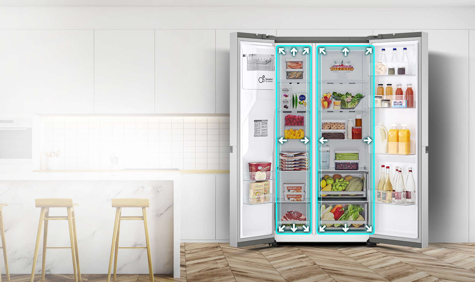 Video de refrigerador con puertas abiertas, espacio ampliado con neón y flechas, cambio resaltado con líneas punteadas.