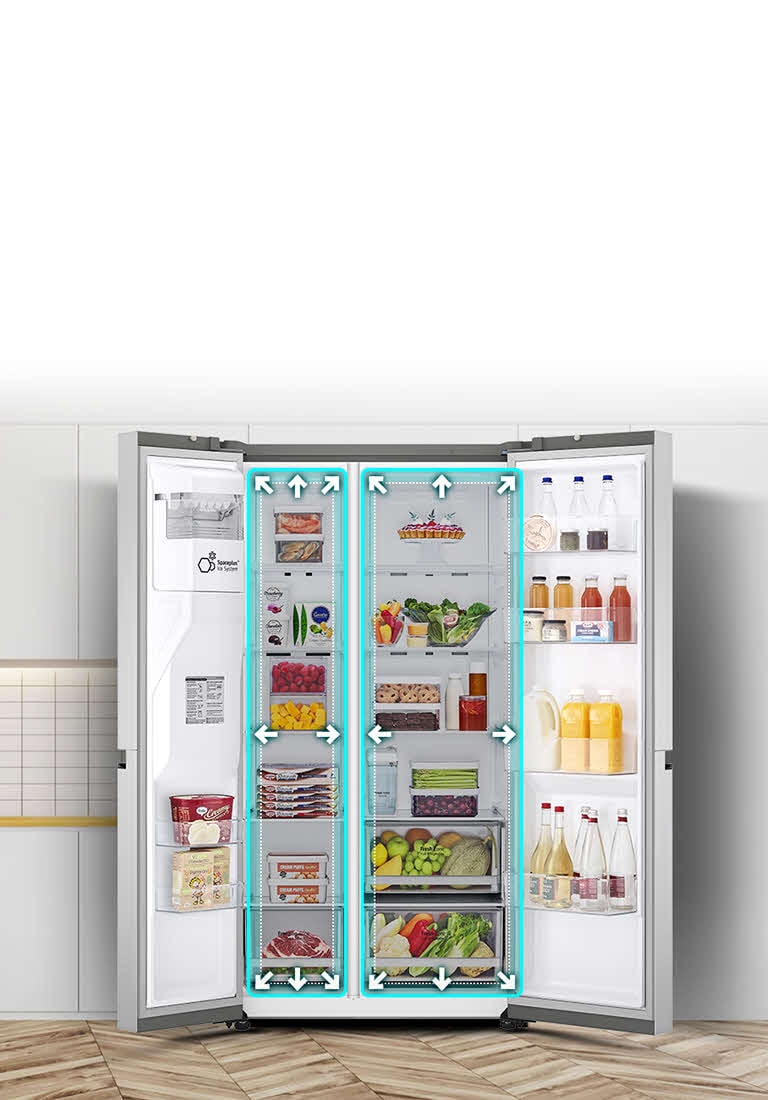 Video de refrigerador con puertas abiertas, espacio ampliado con neón y flechas, cambio resaltado con líneas punteadas.
