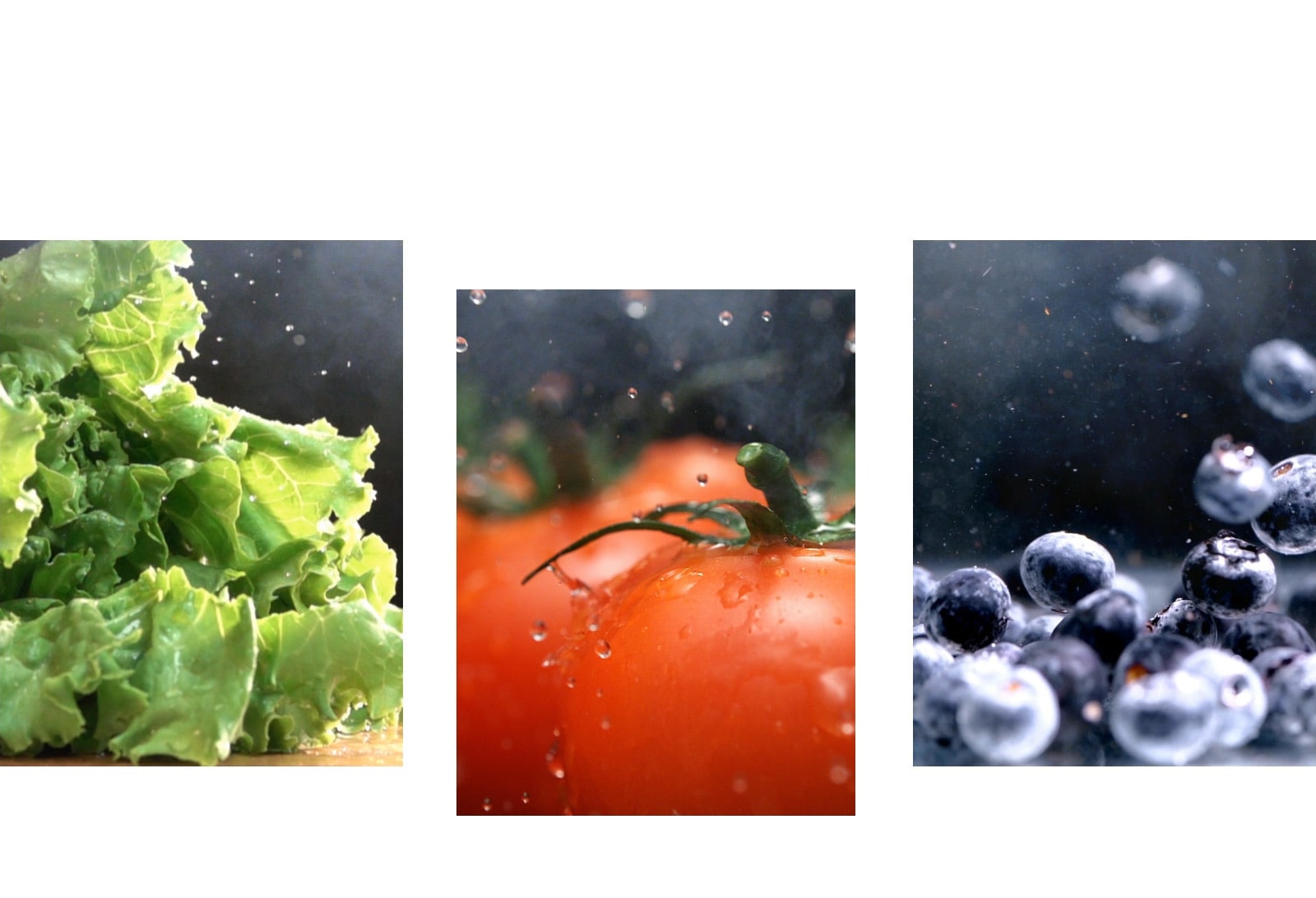 Un video muestra agua goteando de una lechuga, tomates frescos y arándanos brillantes.