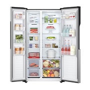 LG Refrigeradora LG Side by Side Color Platinum Silver (PCM) Capacidad Total Almacenamiento 508 Litros, Vista Frontal de la Refrigeradora LG GS51BPP Comida abierta en el frente, GS51BPP, thumbnail 2