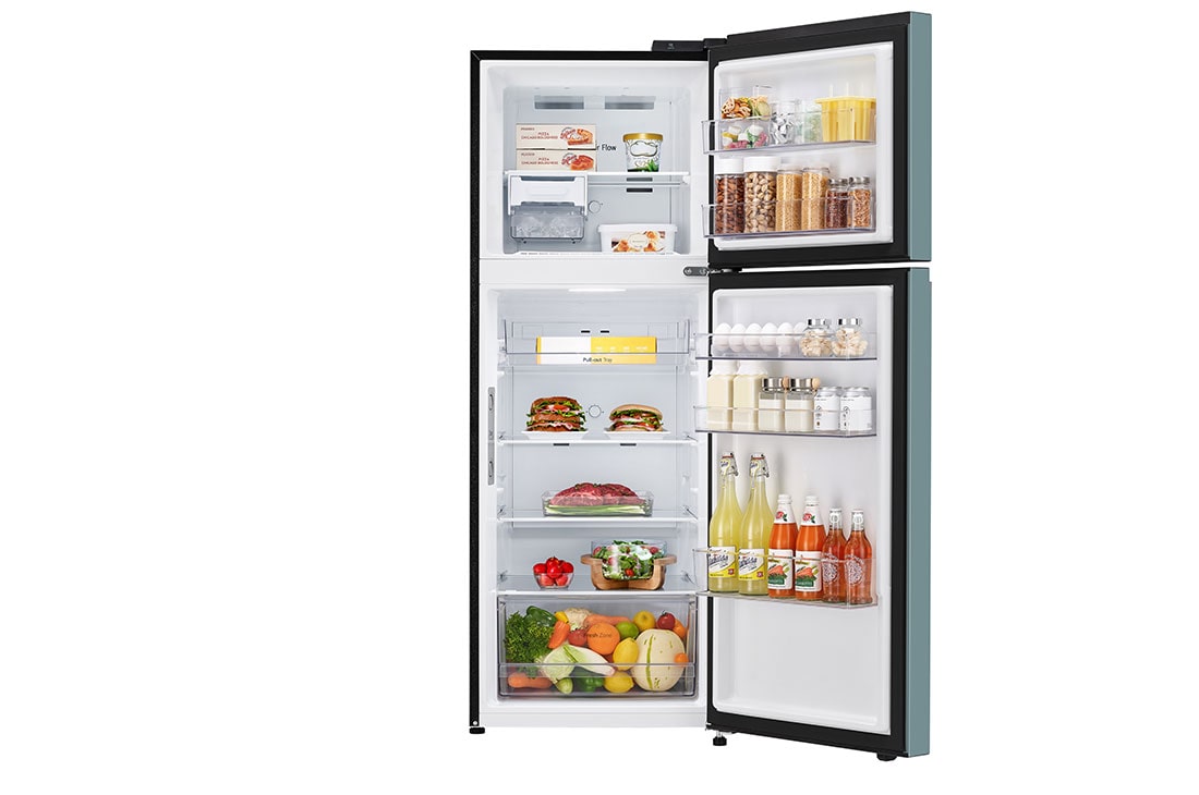 LG Refrigeradora Top Freezer 13.2pᶟ (Net) / 14 pᶟ (Gross) LG Smart Inverter Compressor™ LINEARCooling™ Puerta Clay Mint, front open view with food stored, VT38BPM, thumbnail 2