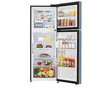 LG Refrigeradora Top Freezer 13.2pᶟ (Net) / 14 pᶟ (Gross) LG Smart Inverter Compressor™ LINEARCooling™ Puerta Clay Mint, front open view with food stored, VT38BPM, thumbnail 2
