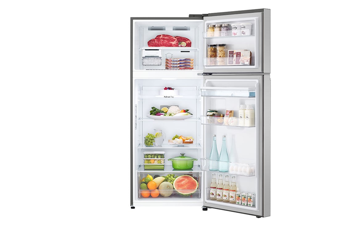 LG Refrigeradora Top Freezer 14.5 pᶟ (Net) / 13.2 pᶟ (Gross) Smart Linear InverterCooling™ Dispensador Agua, front open view with food stored, VT38WPP, thumbnail 2