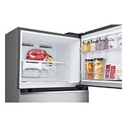 LG Refrigeradora Top Freezer 14.5 pᶟ (Net) / 13.2 pᶟ (Gross) Smart Linear InverterCooling™ Dispensador Agua, top freezer opened with moving ice maker attached and food stored, VT38WPP, thumbnail 6