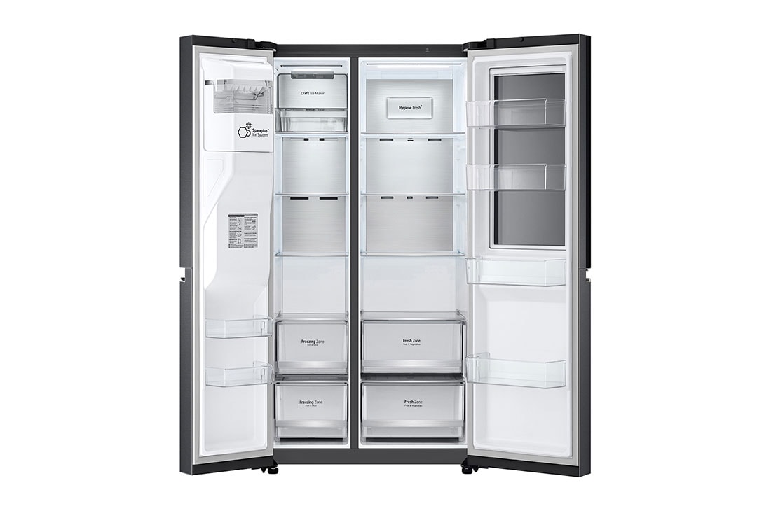 LG Refrigeradora Side By Side 23.8pᶟ (Net) / 22.4pᶟ (Gross) ThinQ™ Door-in-Door™ Craft Ice™ Negro Mate, vista frontal derecha abierta de alimentos, VS25XHWCB, thumbnail 9