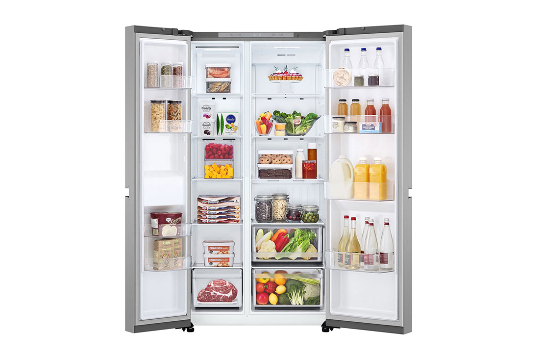 LG Refrigeradora Side By Side 679L (Gross) / 612L (Net) Smart Inverter Prime Silver, Front open view with food, VS25BJNK, thumbnail 2