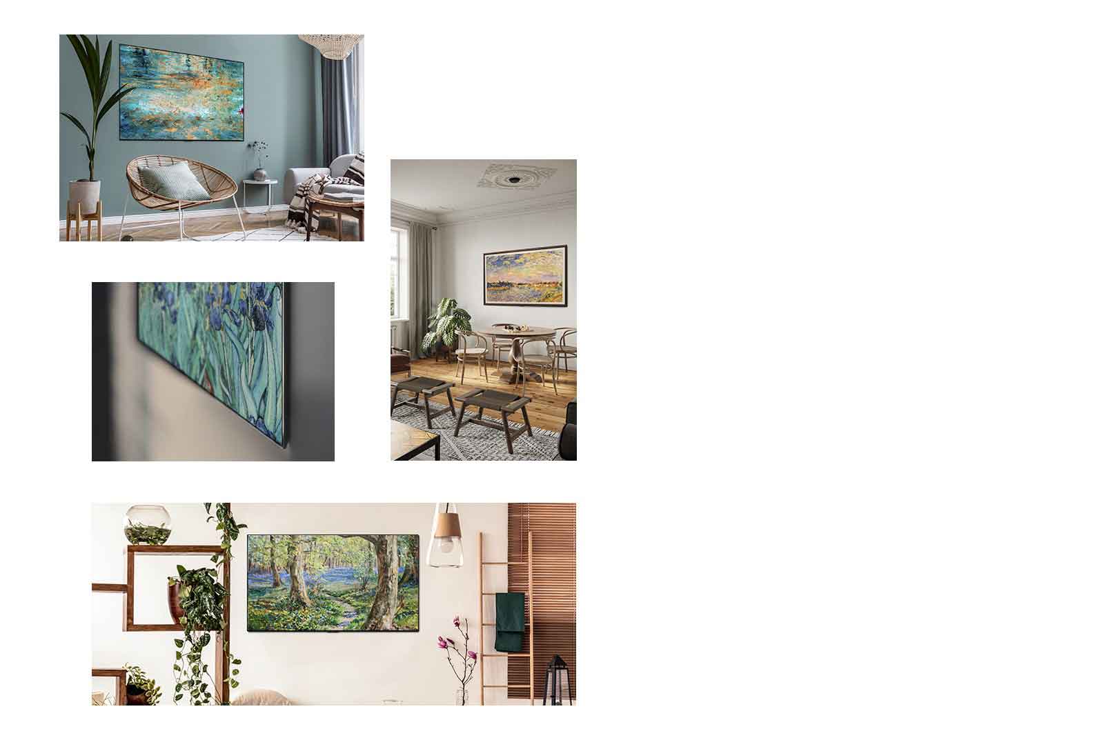 Un TV muestra un cuadro colgado en la pared de un salón con una silla, un sofá y una maceta con flores. Un primer plano del borde de un TV de diseño delgado que muestra un cuadro. Un TV muestra un cuadro colgado en la pared de un salón con una mesa, sillas y una maceta con flores. Un TV muestra un cuadro colgado en la pared de un salón con macetas y una escalera.