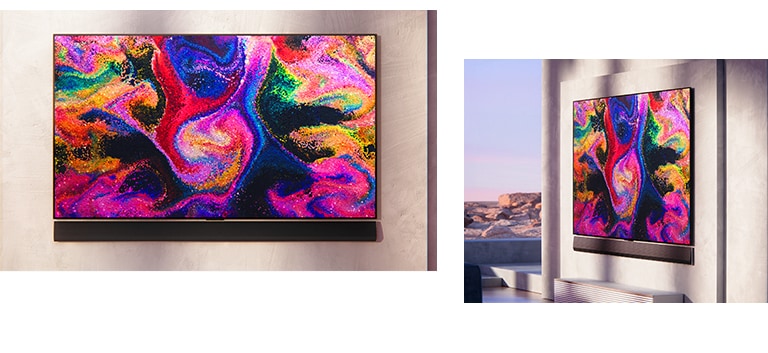 Un TV muestra una pintura de color y una barra de sonido en la parte inferior de un TV colgado en la pared. Un TV muestra una pintura de color y una barra de sonido en la parte inferior de un TV colgado en la pared.
