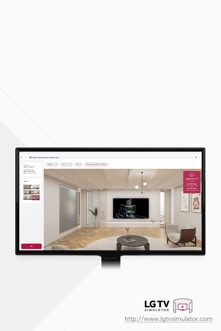 Esto es una imagen de simulación de Web AR de LG OLED TV. Se sobreponen imágenes del teléfono móvil en un espacio minimalista. En la parte inferior derecha se visualiza un código QR.