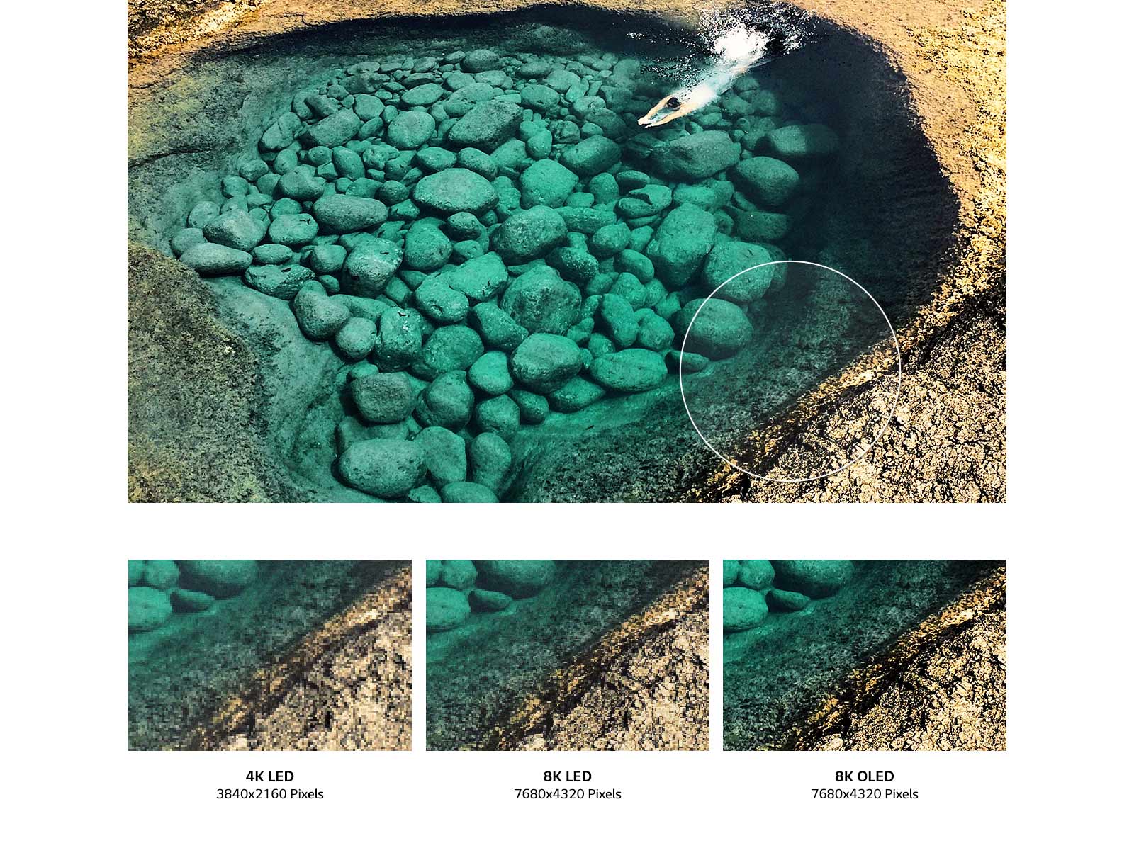 Una parte de la pared del estanque en color esmeralda con rocas en el fondo se amplía para comparar la calidad de la imagen. Tres imágenes de primer plano de la pared del estanque en esmeralda en diferentes calidades de imagen, 4K LED con 3840&nbsp;x&nbsp;2160 píxeles a la izquierda, 8K LED con 7680&nbsp;x&nbsp;4320 píxeles en el medio y 8K OLED en más detalle con 7680&nbsp;x&nbsp;4320 píxeles a la derecha.