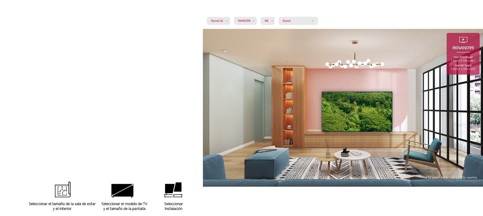 Un televisor de pantalla plana grande montado contra una pared rosa rodeado de muebles naturales. La pantalla muestra un bosque frondoso.