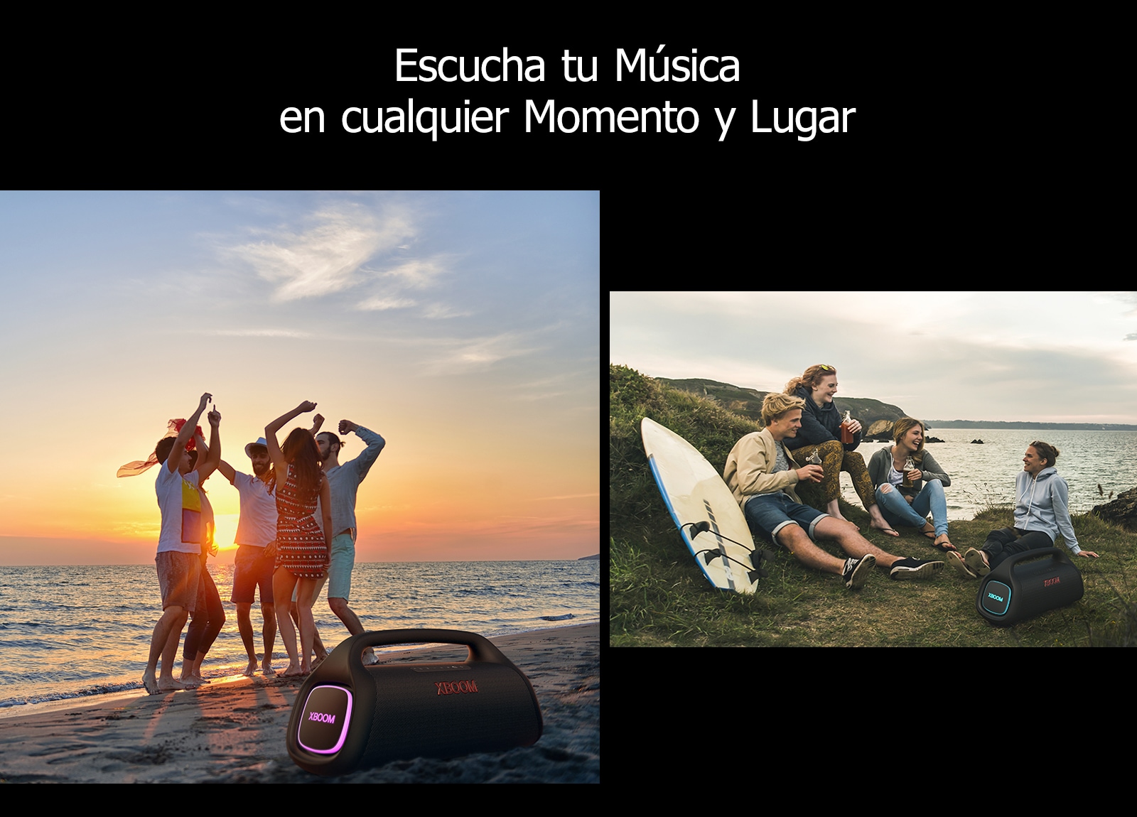Uma linha está colocada acima do texto para fins de design. Abaixo do texto, há duas imagens. A parti da esquerda, um grupo de pessoas dança enquanto um LG XBOOM Go XG9 com iluminação rosa está colocado sobre a areia. À direita, um grupo de jovens se diverte próximo à praia. Um LG XBOOM Go XG9 com iluminação ciano está sobre a grama.