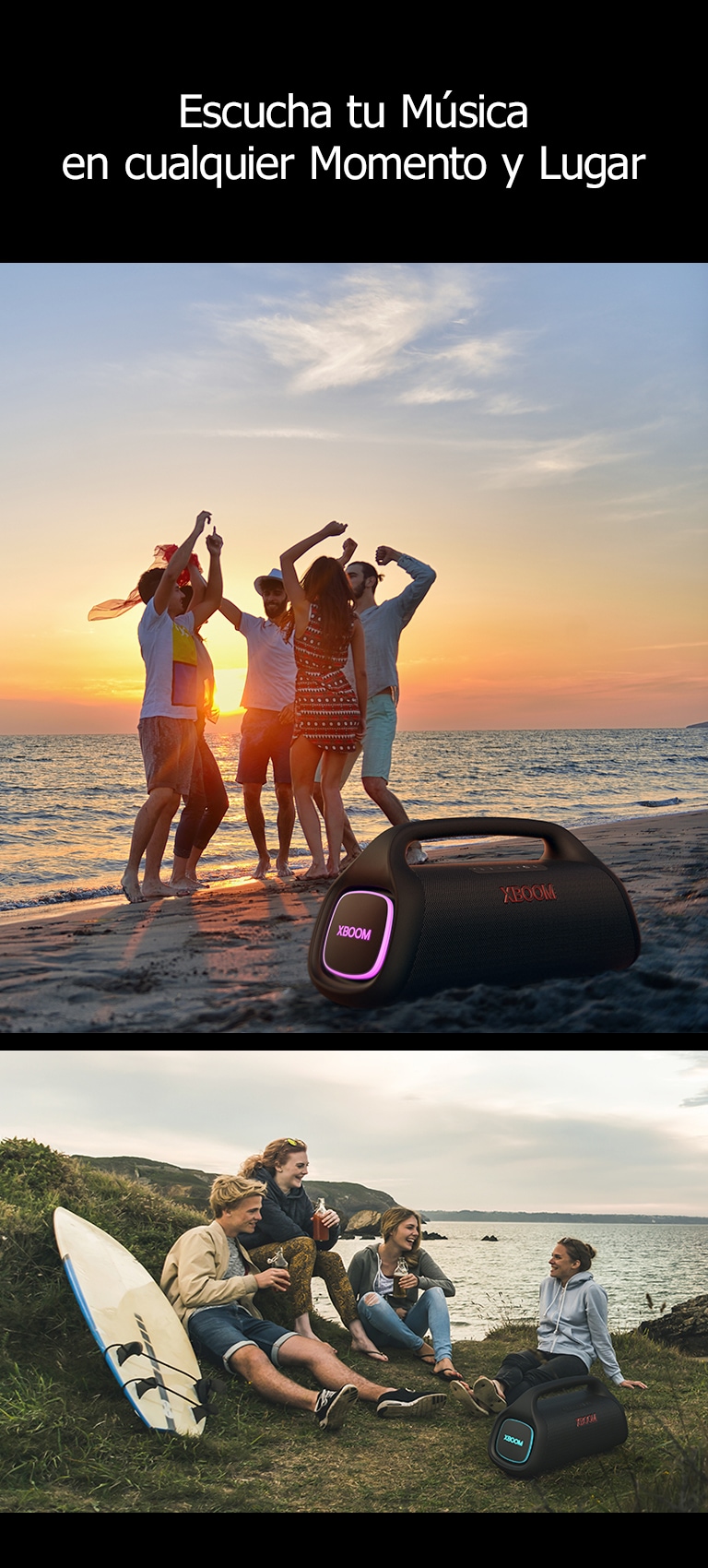 Uma linha está colocada acima do texto para fins de design. Abaixo do texto, há duas imagens. A parti da esquerda, um grupo de pessoas dança enquanto um LG XBOOM Go XG9 com iluminação rosa está colocado sobre a areia. À direita, um grupo de jovens se diverte próximo à praia. Um LG XBOOM Go XG9 com iluminação ciano está sobre a grama.