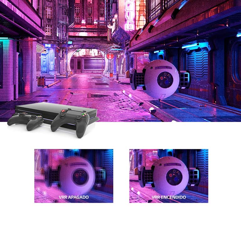 Una calle iluminada de color rosa con un artilugio robótico futurista y una consola de juegos encima de la imagen. Debajo hay dos primeros planos del artilugio robótico: el de la izquierda borroso, mostrando el VRR apagado, y el de la derecha nítido, mostrando la imagen con VRR.