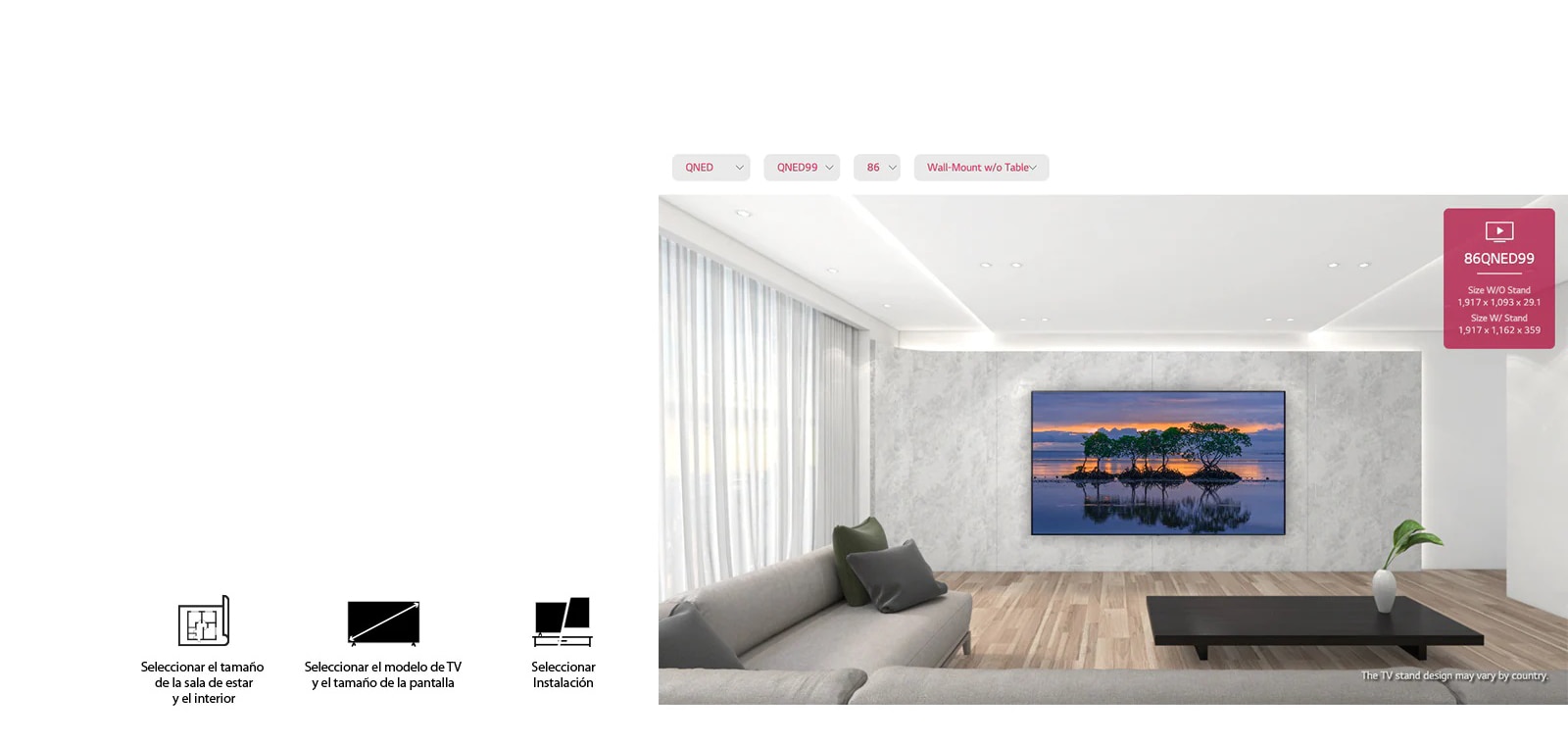 Un televisor de pantalla plana grande montado contra una pared gris rodeado de muebles modernos grises y negros. La pantalla muestra tres árboles reflejados en el agua en una escena de atardecer.