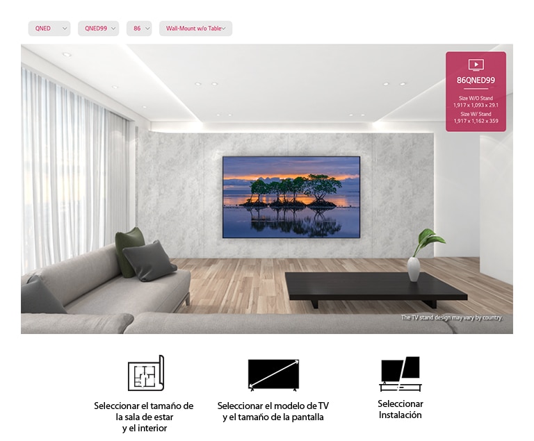 Un televisor de pantalla plana grande montado contra una pared gris rodeado de muebles modernos grises y negros. La pantalla muestra tres árboles reflejados en el agua en una escena de atardecer.