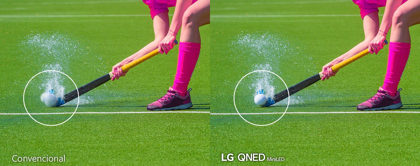 Dos imágenes idénticas de un jugador de hockey pegándole a la bocha en un campo saturado de agua. La imagen de la izquierda muestra cómo se vería en un televisor LCD convencional y la de la derecha lo muestra en un LG QNED Mini LED.