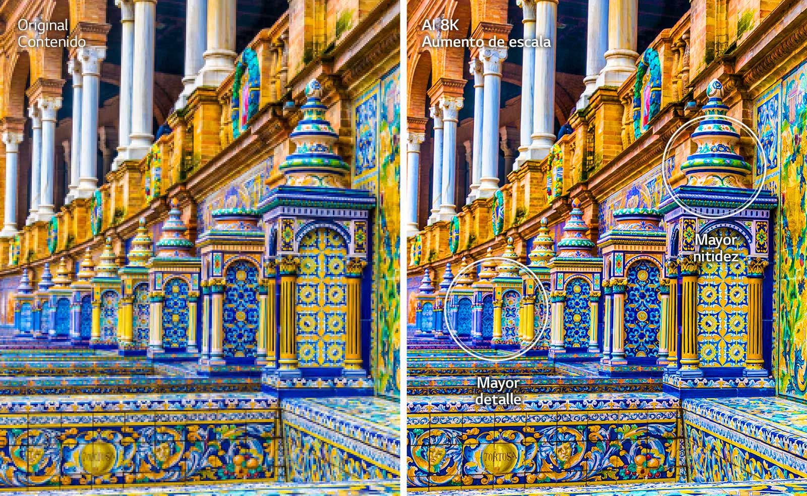 Imágenes paralelas de un edificio con mosaicos de colores brillantes. La de la derecha muestra el original y la de la izquierda muestra la imagen después de la actualización de IA a 8K con mayor detalle y nitidez.