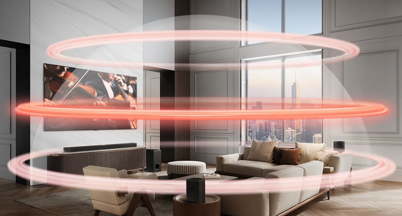 LG Soundbar y LG TV en un apartamento. Tres bandas rojas que representan capas virtuales con una capa intermedia en negrita crean una cúpula de sonido que envuelve los sofás.