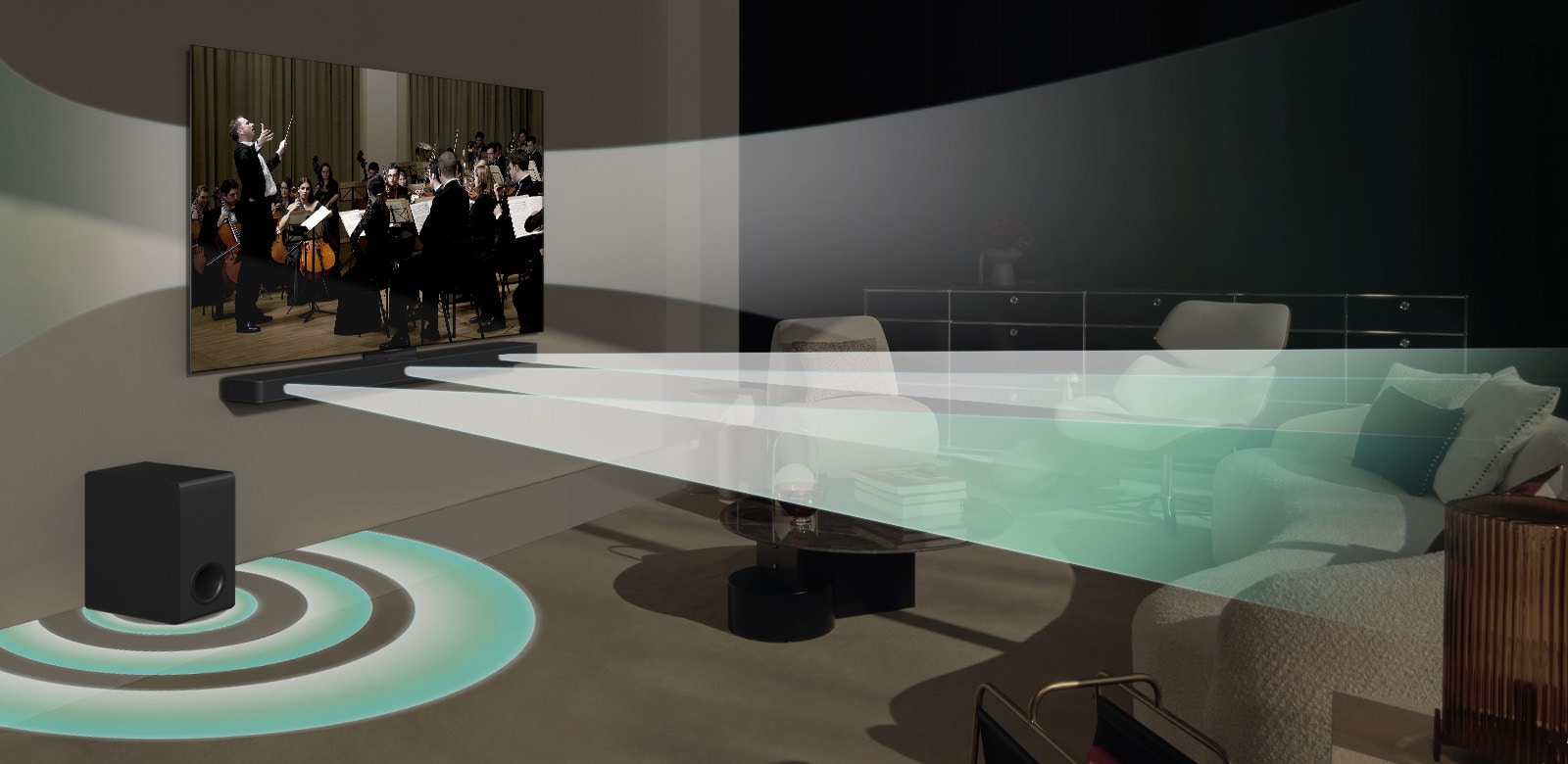 Se está reproduciendo una escena de un concierto en una LG TV colgada en la pared. El efecto de sonido virtual sale simultáneamente de la LG TV, la LG Soundbar S60TR y su subwoofer, mostrando cómo se crea WOW Orchestra.