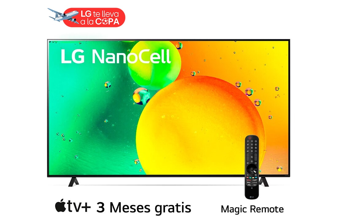 LG NanoCell 70'' NANO75 4K Smart TV con ThinQ AI (Inteligencia Artificial), Procesador α5 AI, Vista frontal del televisor LG NanoCell, 70NANO75SQA