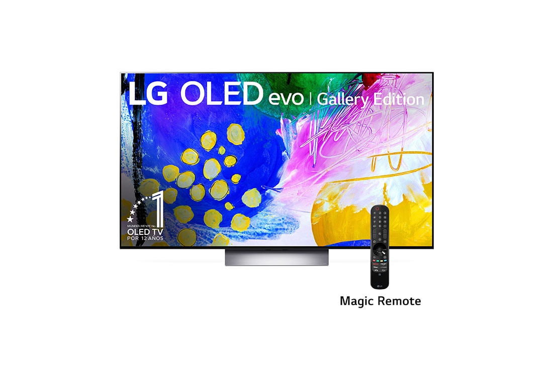 LG OLED 65'' G2 evo Smart TV con ThinQ AI (Inteligencia Artificial), Vista frontal con LG OLED evo Gallery Edition en la pantalla, OLED65G2PSA
