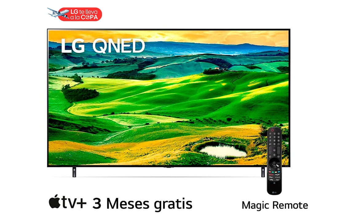 LG  LG QNED 55'' QNED80 Smart TV con ThinQ AI (Inteligencia Artificial), Una vista frontal del televisor LG QNED con una imagen de relleno y el logotipo del producto en, 55QNED80SQA