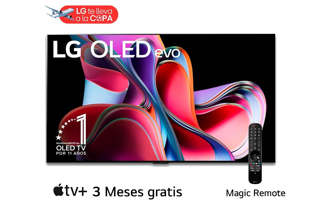 LG Pantalla LG OLED evo 77'' G3 4K SMART TV con ThinQ AI, Vista frontal con LG OLED evo, la frase: El mejor OLED del mundo por 10 años, OLED77G3PSA
