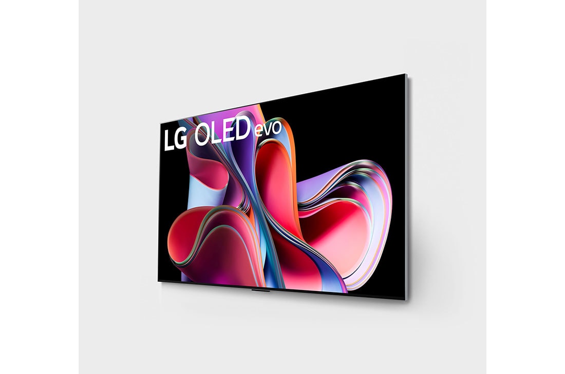 LG Pantalla LG OLED evo 65'' G3 4K SMART TV con ThinQ AI, Vista lateral ligeramente inclinada hacia la derecha del LG OLED G3 en la pared, OLED65G3PSA, thumbnail 6