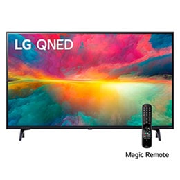 Una vista frontal del televisor LG QNED con imagen de relleno y logotipo del producto encendido2
