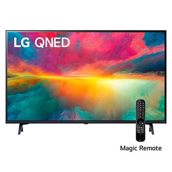 Una vista frontal del televisor LG QNED con imagen de relleno y logotipo del producto encendido1