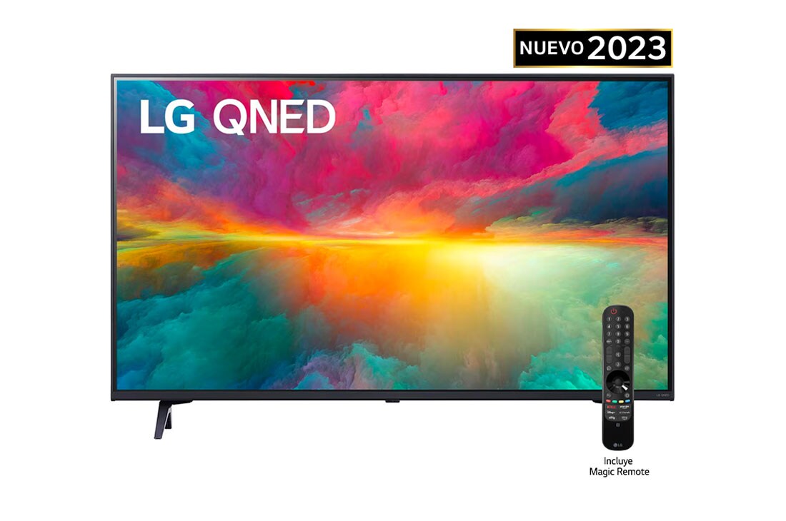 LG Pantalla LG QNED 75 75'' 4K SMART TV con ThinQ AI, Una vista frontal del televisor LG QNED con imagen de relleno y logotipo del producto encendido, 75QNED75SRA