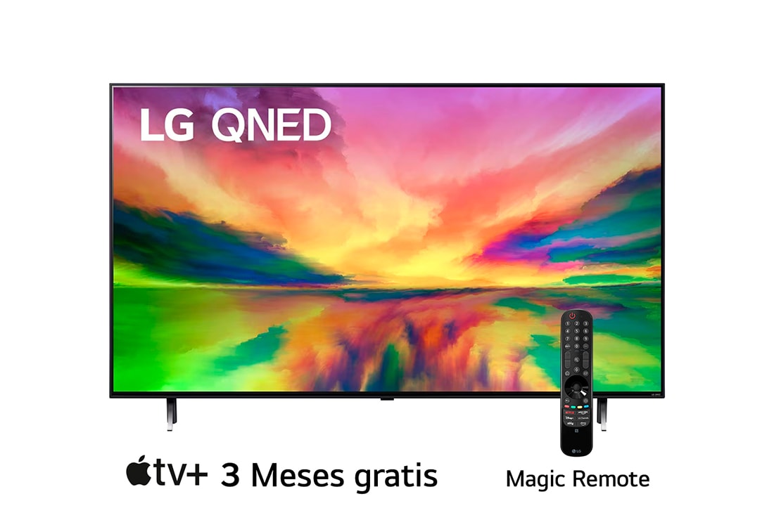 LG Pantalla LG QNED 65'' QNED80 4K SMART TV con ThinQ AI , Una vista frontal del televisor LG QNED con una imagen de relleno y el logotipo del producto en, 65QNED80SRA