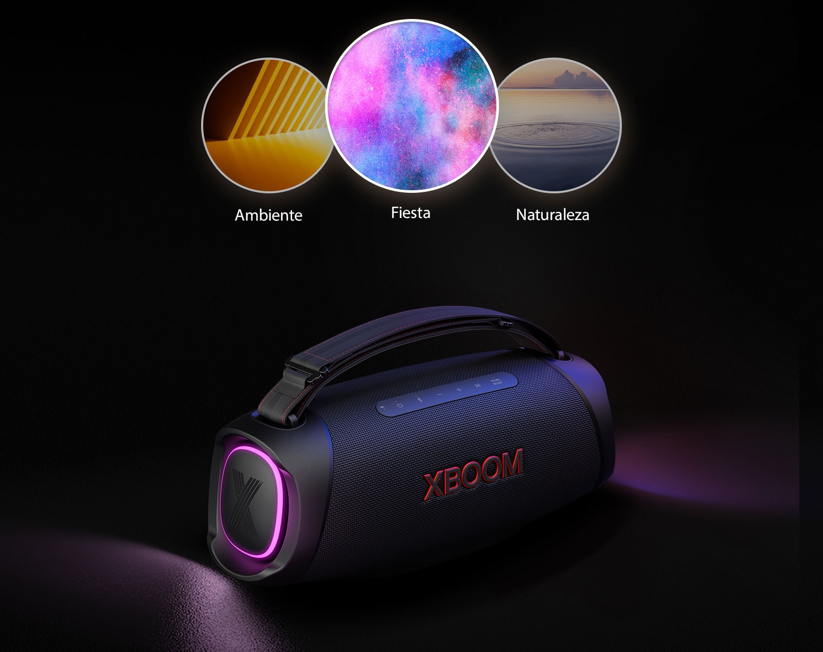 LG XBOOM Go XG8T con iluminación violeta está colocado en el suelo. En la parte superior del altavoz se muestran tres modos de Light Studio; ambiente, naturaleza y fiesta.