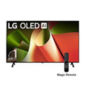 Vista frontal con LG OLED TV, OLED B4, 11 años del emblema OLED número 1 del mundo y logotipo de webOS Re:New Program en pantalla con soporte de 2 polos1