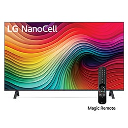 Front view of LG NanoCell TV, NANO80 with text of LG NanoCell, 2024, and webOS Re:New Program logo on screen2