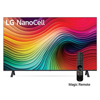 Front view of LG NanoCell TV, NANO80 with text of LG NanoCell, 2024, and webOS Re:New Program logo on screen1
