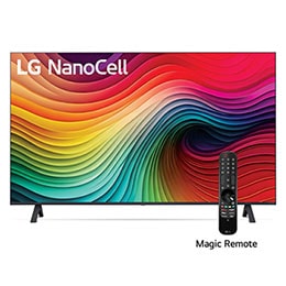 Front view of LG NanoCell TV, NANO80 with text of LG NanoCell, 2024, and webOS Re:New Program logo on screen2