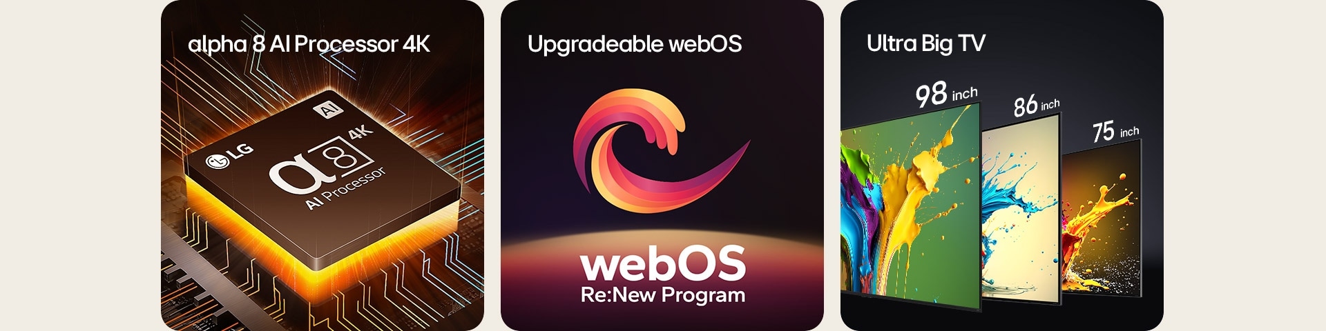 El procesador Alpha 8 AI 4K Gen7 se muestra con una luz amarilla que emana desde abajo. Se muestra una forma de espiral roja, amarilla y violeta entre las palabras "WebOS actualizable" y "webOS Re:Nuevo programa". Los televisores LG QNED89, QNED90 y QNED99 se muestran en orden de izquierda a derecha. Cada televisor muestra un toque de color y las palabras "Ultra Big TV" se muestran encima de los televisores.